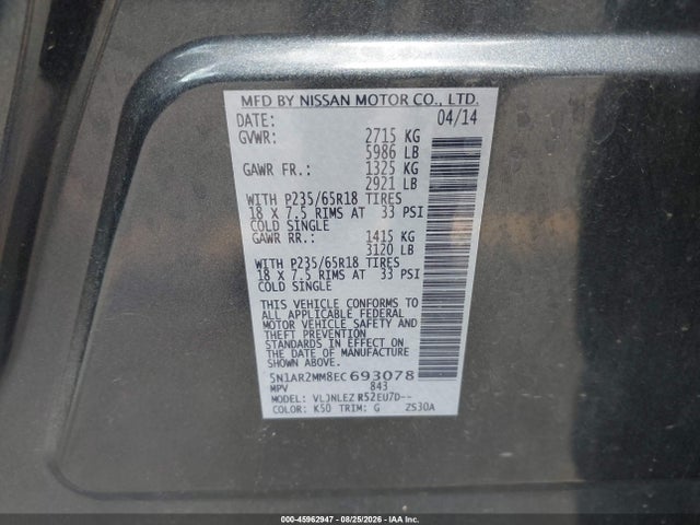 Продажа на аукционе авто 2014 Nissan Pathfinder Sv, vin: 5N1AR2MM8EC693078, номер лота: 45962947