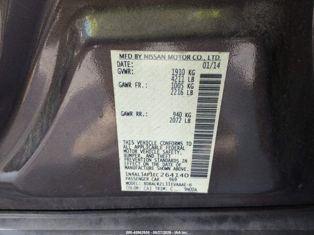 Продаж на аукціоні авто 2014 Nissan Altima 2.5 S, vin: 1N4AL3AP1EC264140, номер лоту: 45962958