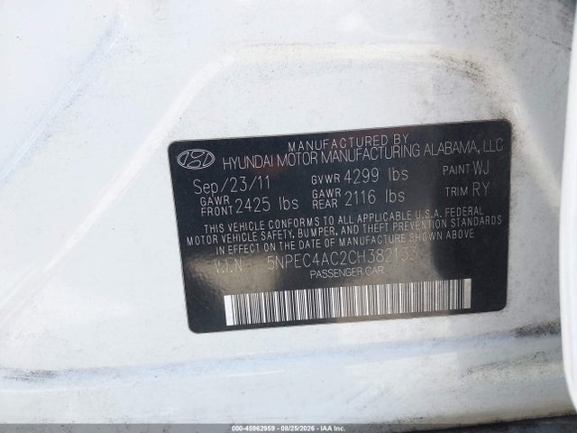 Продаж на аукціоні авто 2012 Hyundai Sonata Limited, vin: 5NPEC4AC2CH382133, номер лоту: 45962959