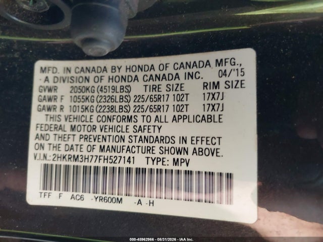 Продажа на аукционе авто 2015 Honda Cr-v Ex-l, vin: 2HKRM3H77FH527141, номер лота: 45962966