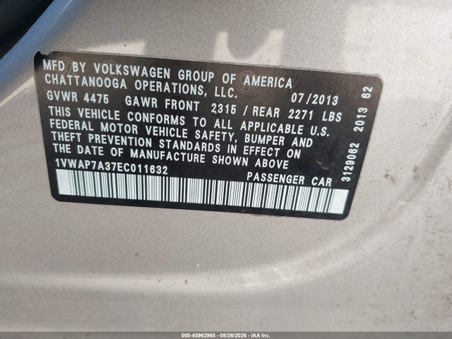Продаж на аукціоні авто 2014 Volkswagen Passat 2.5l S, vin: 1VWAP7A37EC011632, номер лоту: 45962968