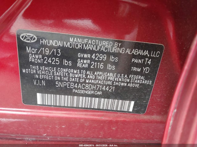 2013 Hyundai Sonata Gls მანქანა იყიდება აუქციონზე, vin: 5NPEB4AC8DH714421, აუქციონის ნომერი: 45962974