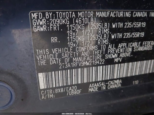 45963000 :رقم المزاد ، 2T3A1RFV9MW219422 vin ، 2021 Toyota Rav4 Xle Premium مزاد بيع