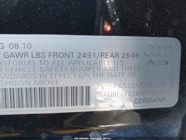 45963005 :رقم المزاد ، WAUBFAFL2BN019201 vin ، 2011 Audi A4 2.0t Premium مزاد بيع