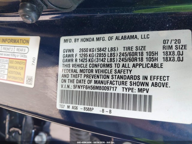 Продажа на аукционе авто 2021 Honda Pilot Awd Ex-l, vin: 5FNYF6H56MB009717, номер лота: 45963006