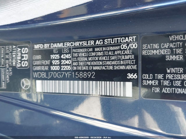 45963009 :رقم المزاد ، WDBLJ70G7YF158892 vin ، 2000 Mercedes-benz Clk 430 مزاد بيع