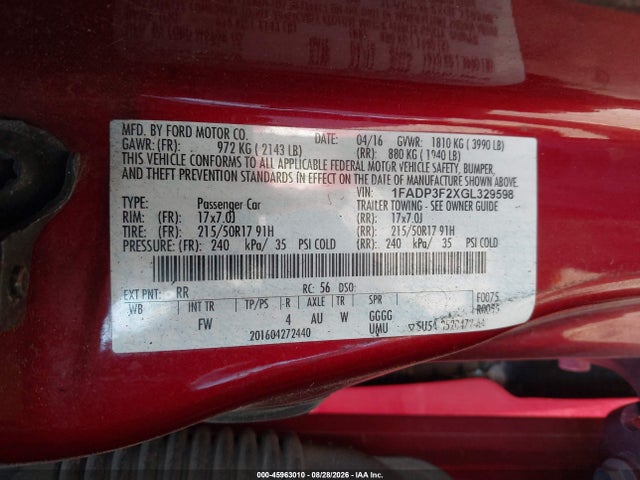 45963010 :رقم المزاد ، 1FADP3F2XGL329598 vin ، 2016 Ford Focus Se مزاد بيع