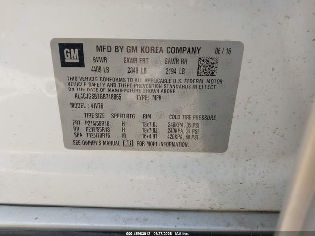 45963012 :رقم المزاد ، KL4CJGSB7GB718865 vin ، 2016 Buick Encore Leather مزاد بيع
