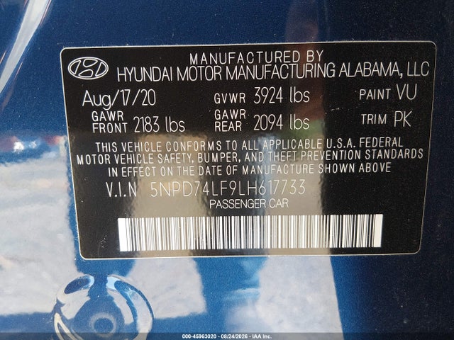 Продаж на аукціоні авто 2020 Hyundai Elantra Se, vin: 5NPD74LF9LH617733, номер лоту: 45963020