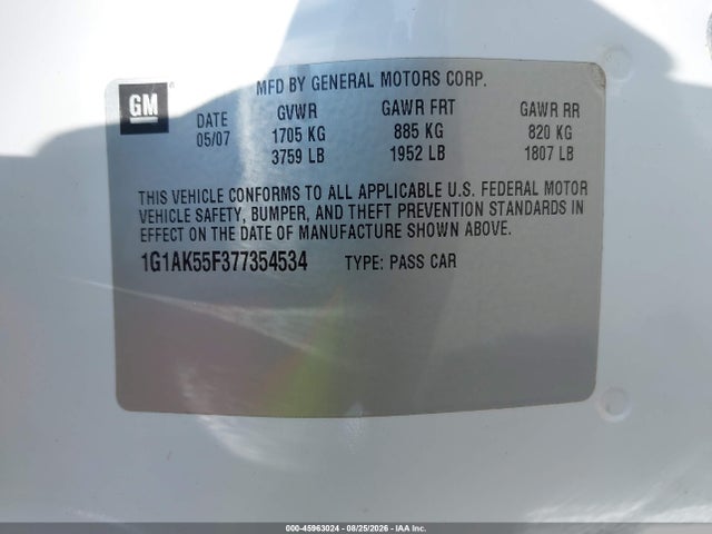 Продаж на аукціоні авто 2007 Chevrolet Cobalt Ls, vin: 1G1AK55F377354534, номер лоту: 45963024