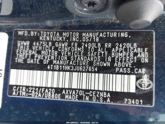 Продажа на аукционе авто 2018 Toyota Camry Le, vin: 4T1B11HK3JU627654, номер лота: 45963031
