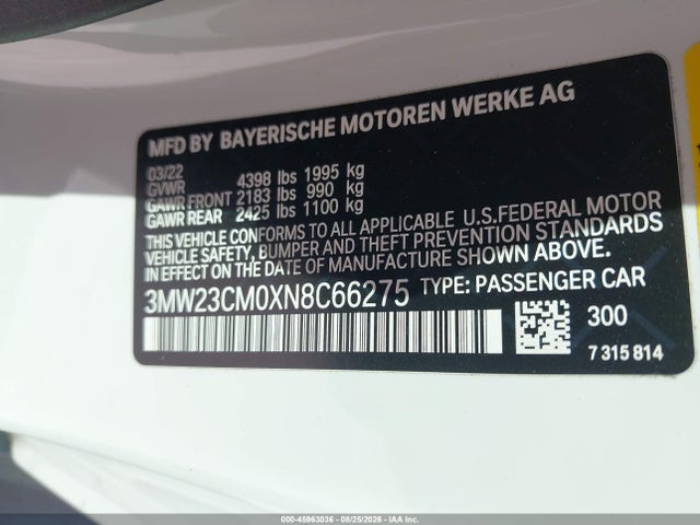 2022 Bmw 230 I მანქანა იყიდება აუქციონზე, vin: 3MW23CM0XN8C66275, აუქციონის ნომერი: 45963036