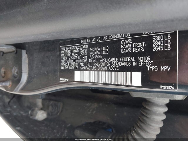 45963050 :رقم المزاد ، YV4902DZ6C2293629 vin ، 2012 Volvo Xc60 T6/t6 Platinum/t6 Premier Plus/t6 R-design/t6 R-design Platinum/t6 R-design Premier Plus مزاد بيع