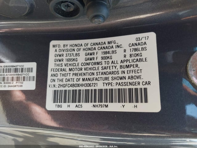 2017 Honda Civic Lx-p მანქანა იყიდება აუქციონზე, vin: 2HGFC4B0XHH306721, აუქციონის ნომერი: 45963052
