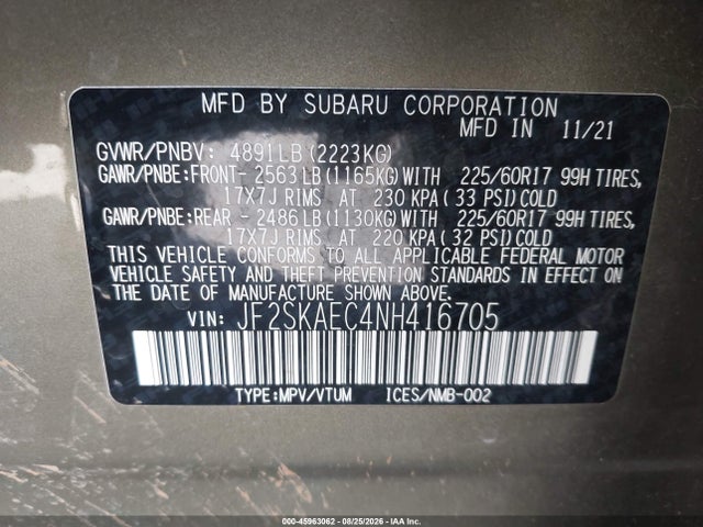 Продаж на аукціоні авто 2022 Subaru Forester Premium, vin: JF2SKAEC4NH416705, номер лоту: 45963062