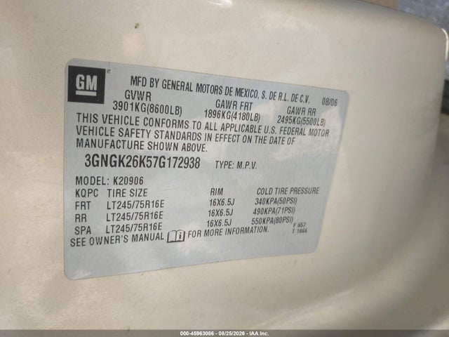 Aukcja sprzedaży 2007 Chevrolet Suburban 2500 Lt, vin: 3GNGK26K57G172938, numer aukcji: 45963086