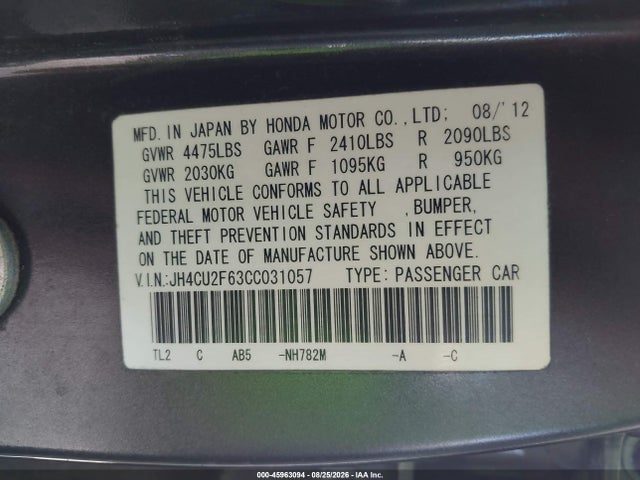 45963094 :رقم المزاد ، JH4CU2F63CC031057 vin ، 2012 Acura Tsx 2.4 مزاد بيع