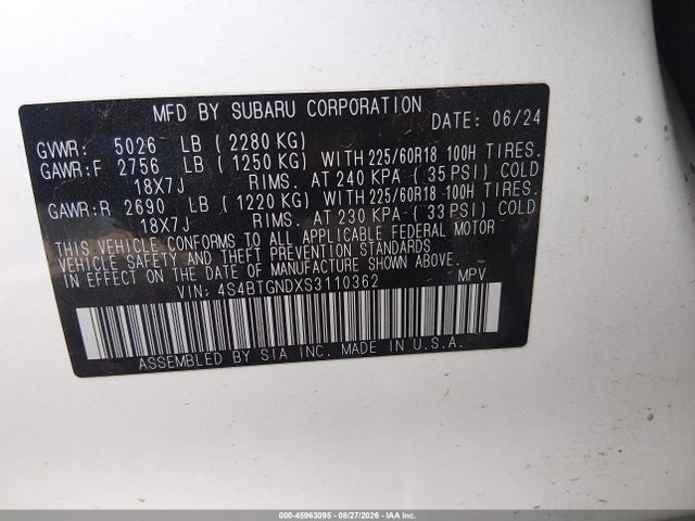 2025 Subaru Outback Limited Xt მანქანა იყიდება აუქციონზე, vin: 4S4BTGNDXS3110362, აუქციონის ნომერი: 45963095