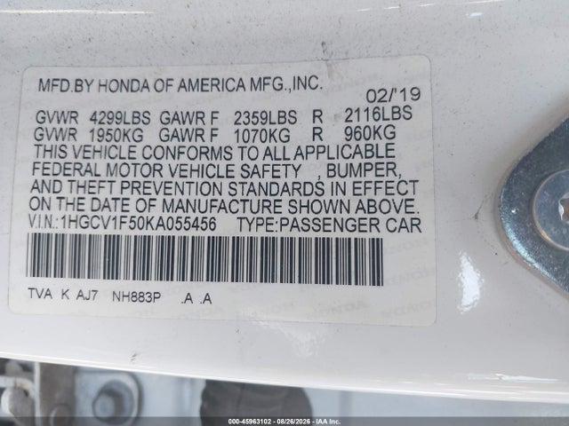 1HGCV1F50KA055456 Honda Accord Ex-l
