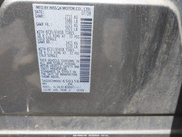 2019 Nissan Pathfinder S მანქანა იყიდება აუქციონზე, vin: 5N1DR2MMXKC650158, აუქციონის ნომერი: 45963106