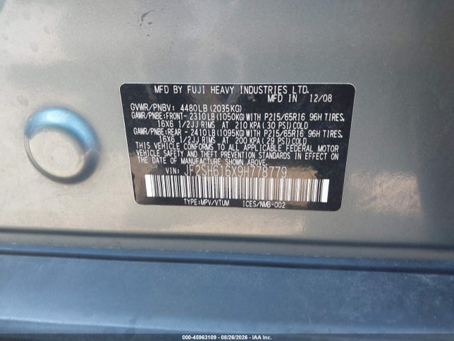 2009 Subaru Forester 2.5x მანქანა იყიდება აუქციონზე, vin: JF2SH616X9H778779, აუქციონის ნომერი: 45963109