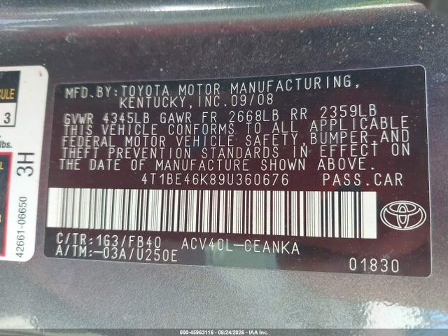 Aukcja sprzedaży 2009 Toyota Camry Le, vin: 4T1BE46K89U360676, numer aukcji: 45963116