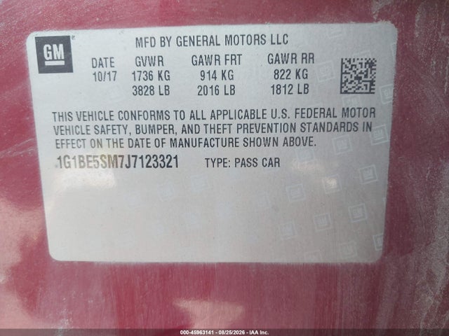 Продаж на аукціоні авто 2018 Chevrolet Cruze Lt Auto, vin: 1G1BE5SM7J7123321, номер лоту: 45963141
