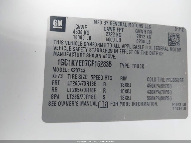 2012 Chevrolet Silverado 2500hd Ltz მანქანა იყიდება აუქციონზე, vin: 1GC1KYE87CF162835, აუქციონის ნომერი: 45963171