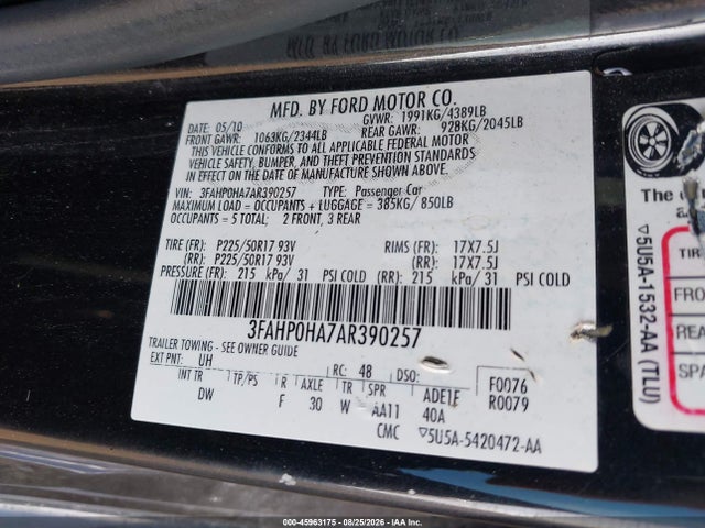 Aukcja sprzedaży 2010 Ford Fusion Se, vin: 3FAHP0HA7AR390257, numer aukcji: 45963175