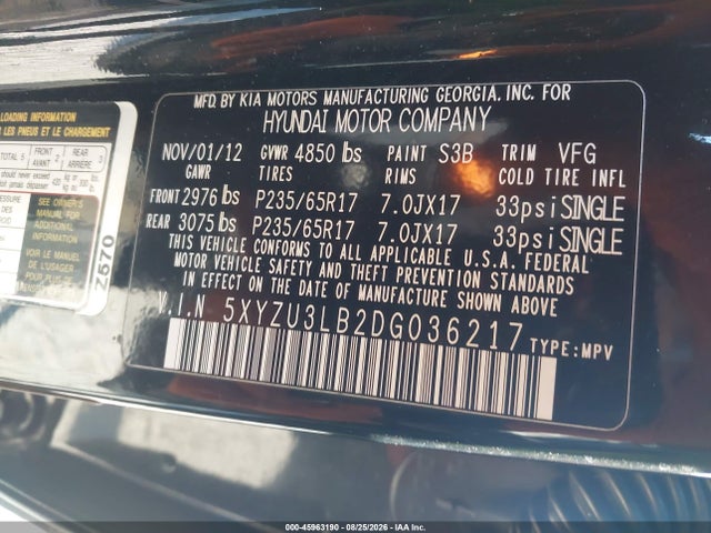 Aukcja sprzedaży 2013 Hyundai Santa Fe Sport, vin: 5XYZU3LB2DG036217, numer aukcji: 45963190