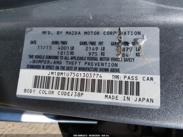 45963212 :رقم المزاد ، JM1BM1U75G1303774 vin ، 2016 Mazda Mazda3 I Sport مزاد بيع