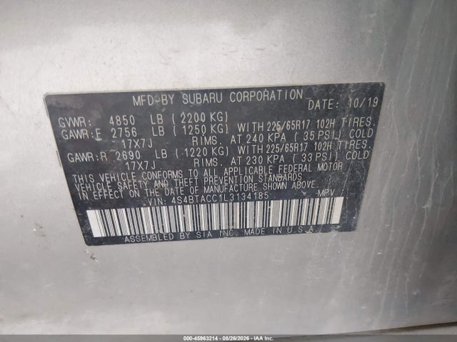 2020 Subaru Outback Premium მანქანა იყიდება აუქციონზე, vin: 4S4BTACC1L3134185, აუქციონის ნომერი: 45963214