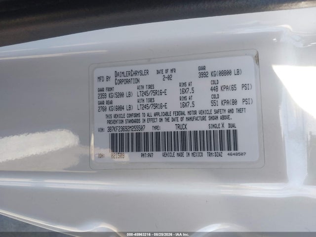 Продаж на аукціоні авто 2002 Dodge Ram 2500 St, vin: 3B7KF23692M255507, номер лоту: 45963216