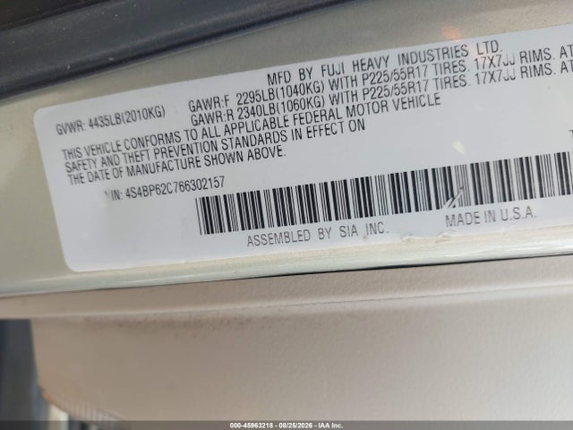Aukcja sprzedaży 2006 Subaru Outback 2.5i Limited, vin: 4S4BP62C766302157, numer aukcji: 45963218