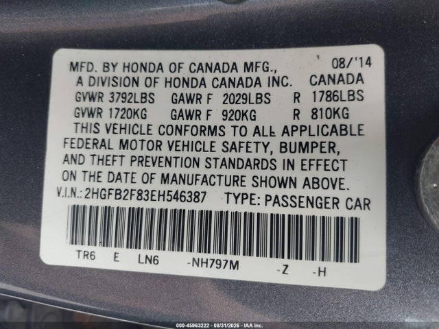Продаж на аукціоні авто 2014 Honda Civic Ex, vin: 2HGFB2F83EH546387, номер лоту: 45963222