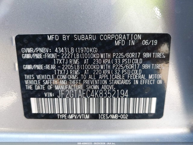 Subaru Crosstrek 2.0i Premium 2019 JF2GTAEC4K8352194 Image 9