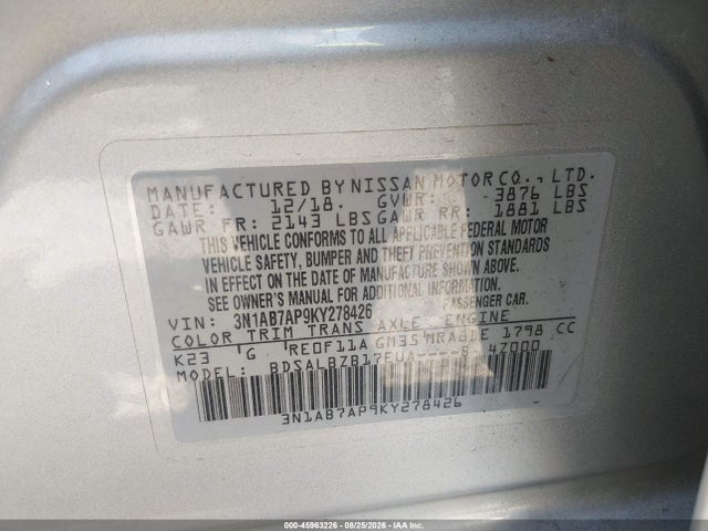45963226 :رقم المزاد ، 3N1AB7AP9KY278426 vin ، 2019 Nissan Sentra S مزاد بيع