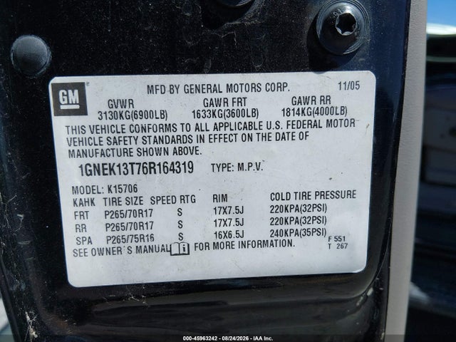 Продажа на аукционе авто 2006 Chevrolet Tahoe Lt, vin: 1GNEK13T76R164319, номер лота: 45963242
