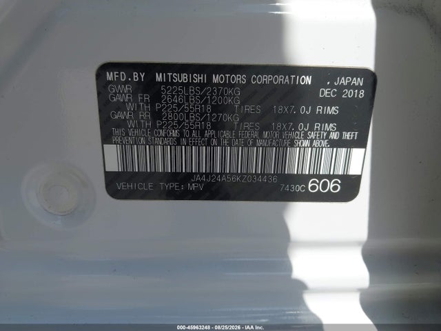 Aukcja sprzedaży 2019 Mitsubishi Outlander Phev Gt, vin: JA4J24A56KZ034436, numer aukcji: 45963248