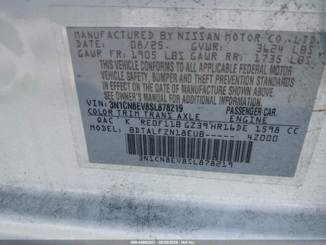 45963257 :رقم المزاد ، 3N1CN8EV8SL878219 vin ، 2025 Nissan Versa 1.6 Sv مزاد بيع