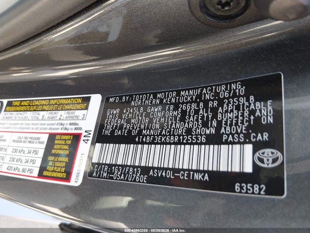 Продажа на аукционе авто 2011 Toyota Camry Le, vin: 4T4BF3EK6BR125536, номер лота: 45963258