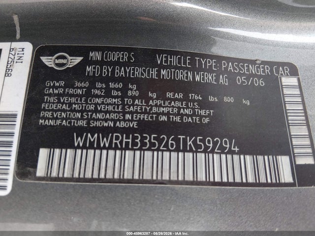 Aukcja sprzedaży 2006 Mini Cooper S, vin: WMWRH33526TK59294, numer aukcji: 45963287