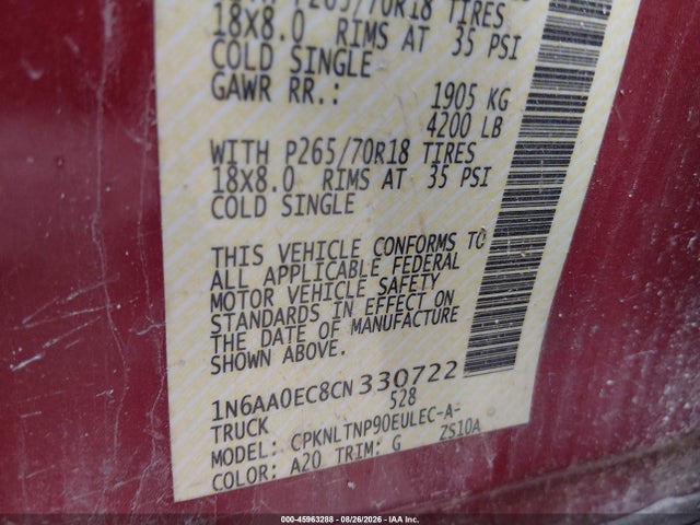 45963288 :رقم المزاد ، 1N6AA0EC8CN330722 vin ، 2012 Nissan Titan Sv مزاد بيع
