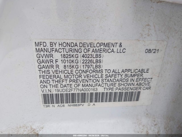 Aukcja sprzedaży 2022 Acura Ilx Premium Package, vin: 19UDE2F77NA000163, numer aukcji: 45963294