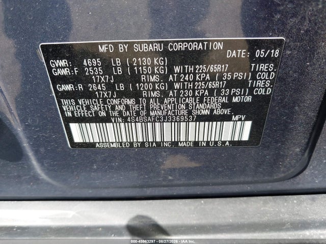 Продаж на аукціоні авто 2018 Subaru Outback 2.5i Premium, vin: 4S4BSAFC3J3369537, номер лоту: 45963297