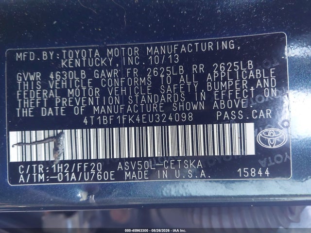 45963300 :رقم المزاد ، 4T1BF1FK4EU324098 vin ، 2014 Toyota Camry Se مزاد بيع
