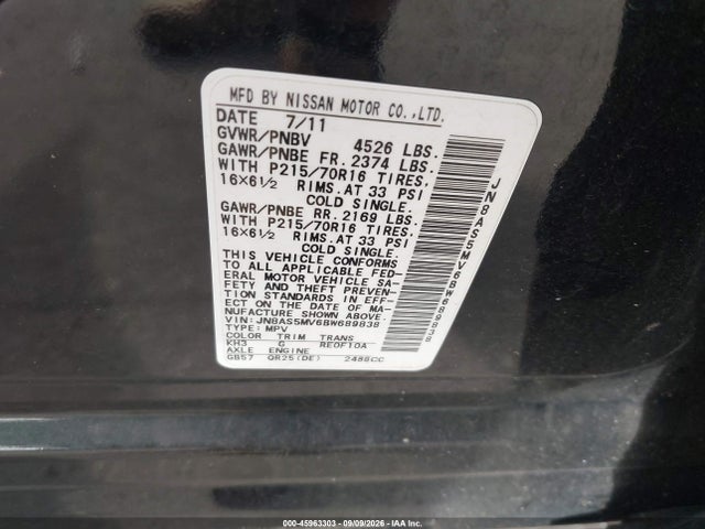 Продаж на аукціоні авто 2011 Nissan Rogue S, vin: JN8AS5MV6BW689838, номер лоту: 45963303