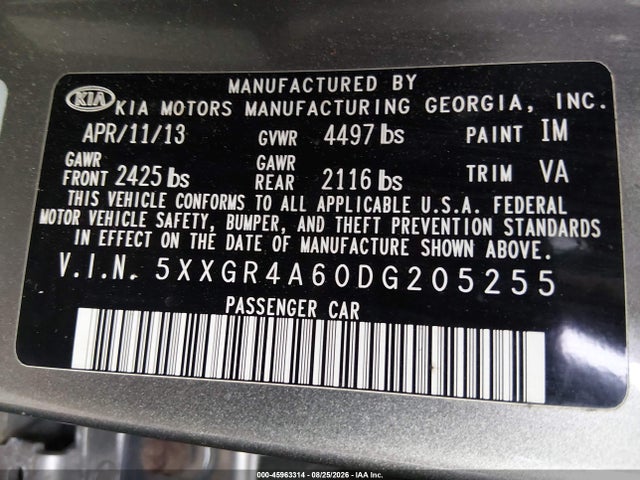 2013 Kia Optima Sx მანქანა იყიდება აუქციონზე, vin: 5XXGR4A60DG205255, აუქციონის ნომერი: 45963314