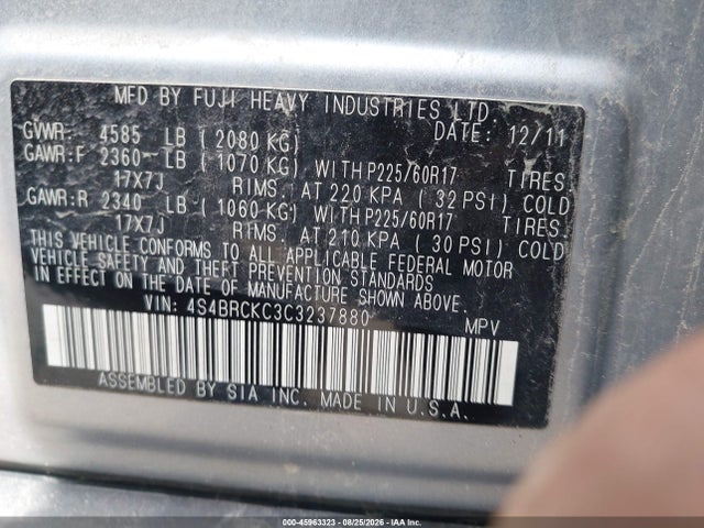 Продажа на аукционе авто 2012 Subaru Outback 2.5i Limited, vin: 4S4BRCKC3C3237880, номер лота: 45963323