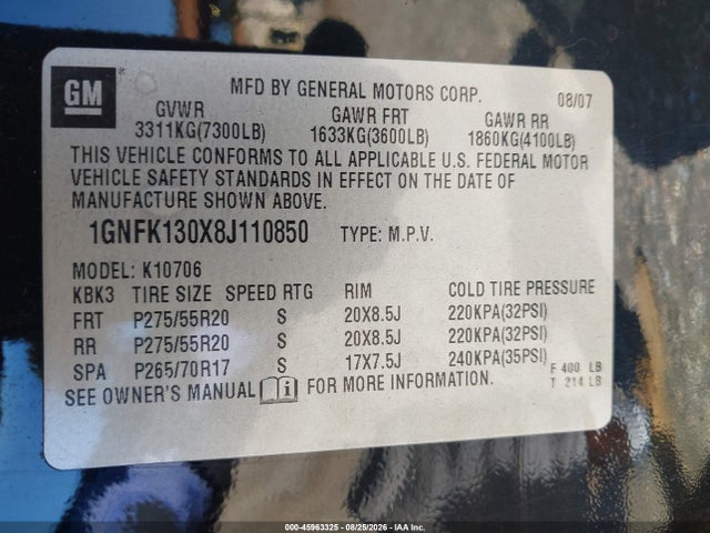 Продаж на аукціоні авто 2008 Chevrolet Tahoe Ltz, vin: 1GNFK130X8J110850, номер лоту: 45963325